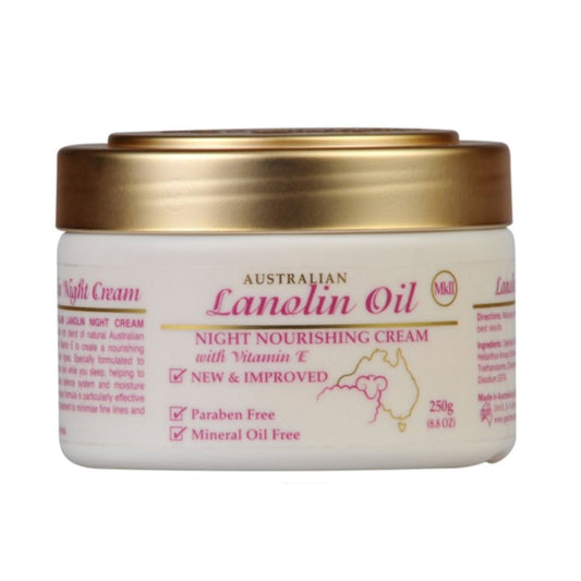 A jar of Australian Creams MKII Lanolin Oil Nourishing Night Cream with a label indicating it is paraben free, mineral oil free, and contains vitamin E.