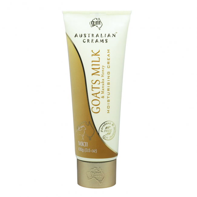 A tube of Australian Creams MKII Goats Milk with Manuka Honey Moisturising Cream against a white background.