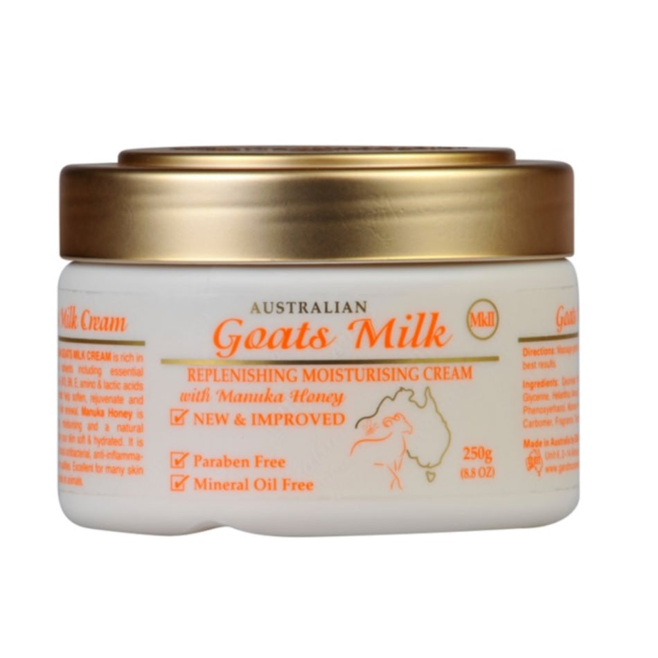 A container of Australian Creams MKII Replenishing Goats Milk with Manuka Honey Moisturising Cream 250g, with branding and product information displayed on the label.