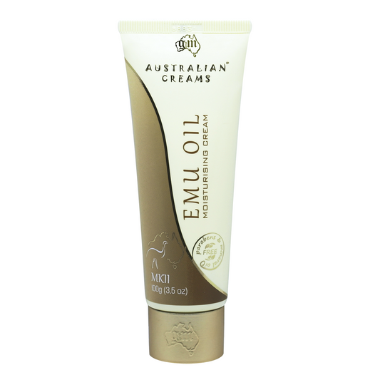 A tube of Australian Creams MKII Vital Emu Oil Moisturising Cream against a white background.