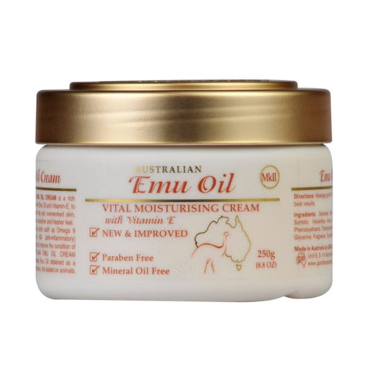 A jar of Australian Creams MKII Vital Emu Oil Moisturising Cream, 250g size, with labels indicating it's paraben free, dairy free, and gluten free.