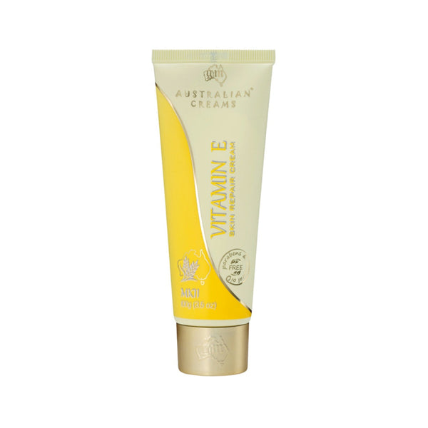 A tube of Australian Creams MkII Vitamin E Skin Repair Cream with yellow packaging.