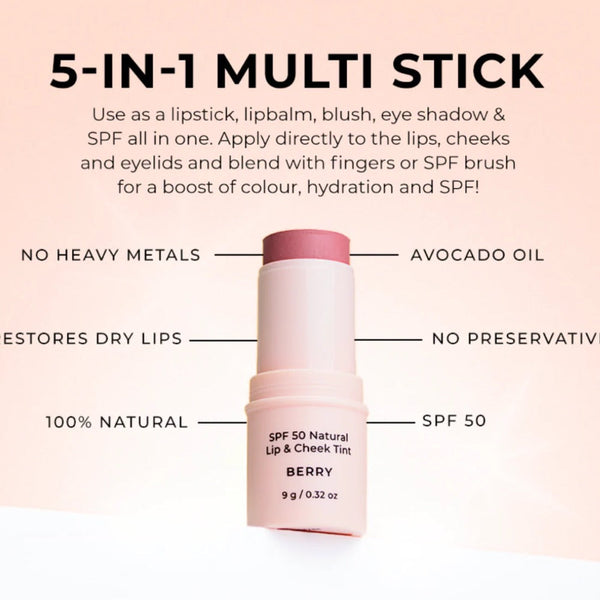 Avocado Zinc SPF50 Natural Lip & Cheek Tint - Berry 9g - L'Organic