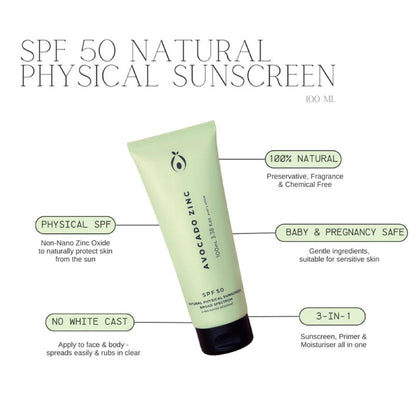 Avocado Zinc SPF50 Natural Physical Sunscreen - 100ml - L'Organic