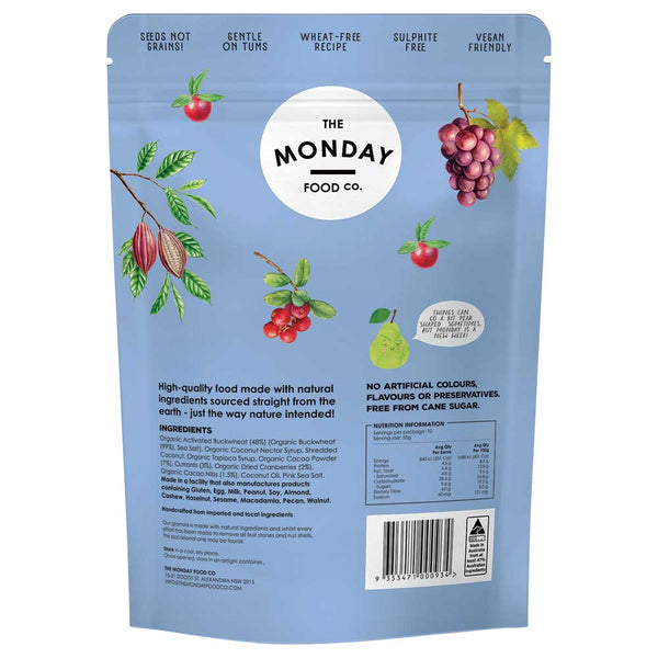 Back of a blue package from The Monday Food Co. with fruit illustrations and text.