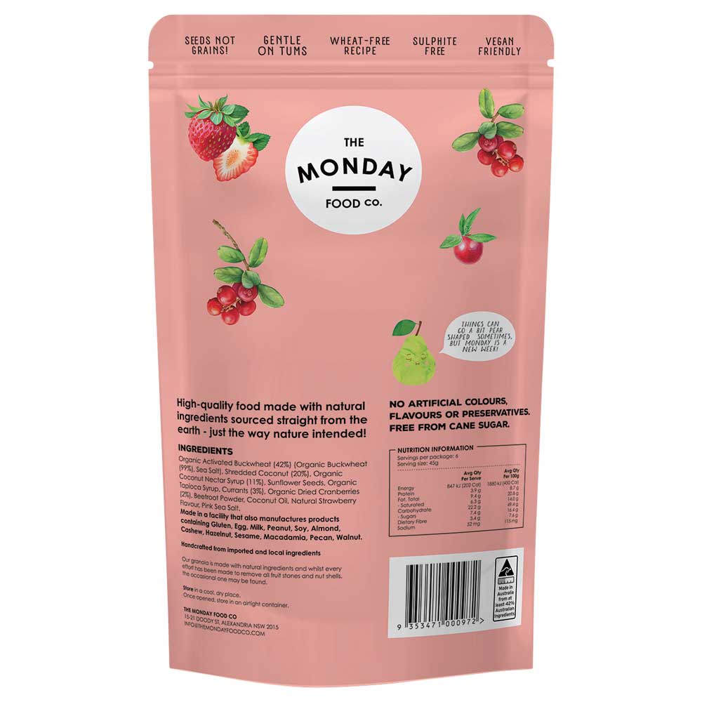 Pink package of The Monday Food Co. with strawberry and cranberry graphics on a white background