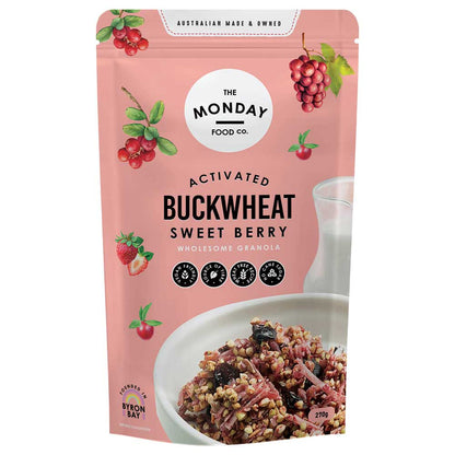 Pink package of The Monday Food Co. Activated Buckwheat Sweet Berry granola with a bowl of granola on a white background.