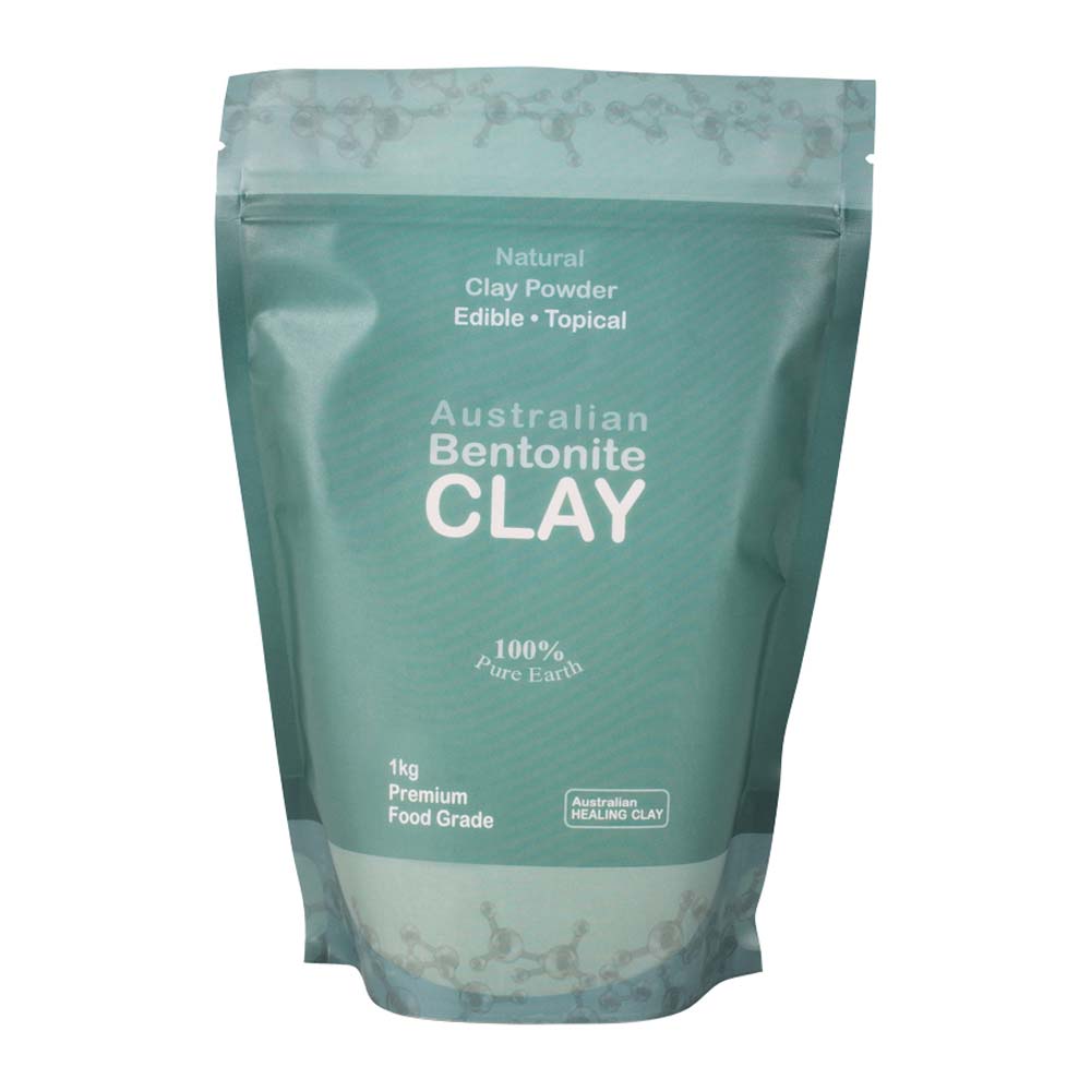 Teal package of Australian Bentonite Clay on a white background