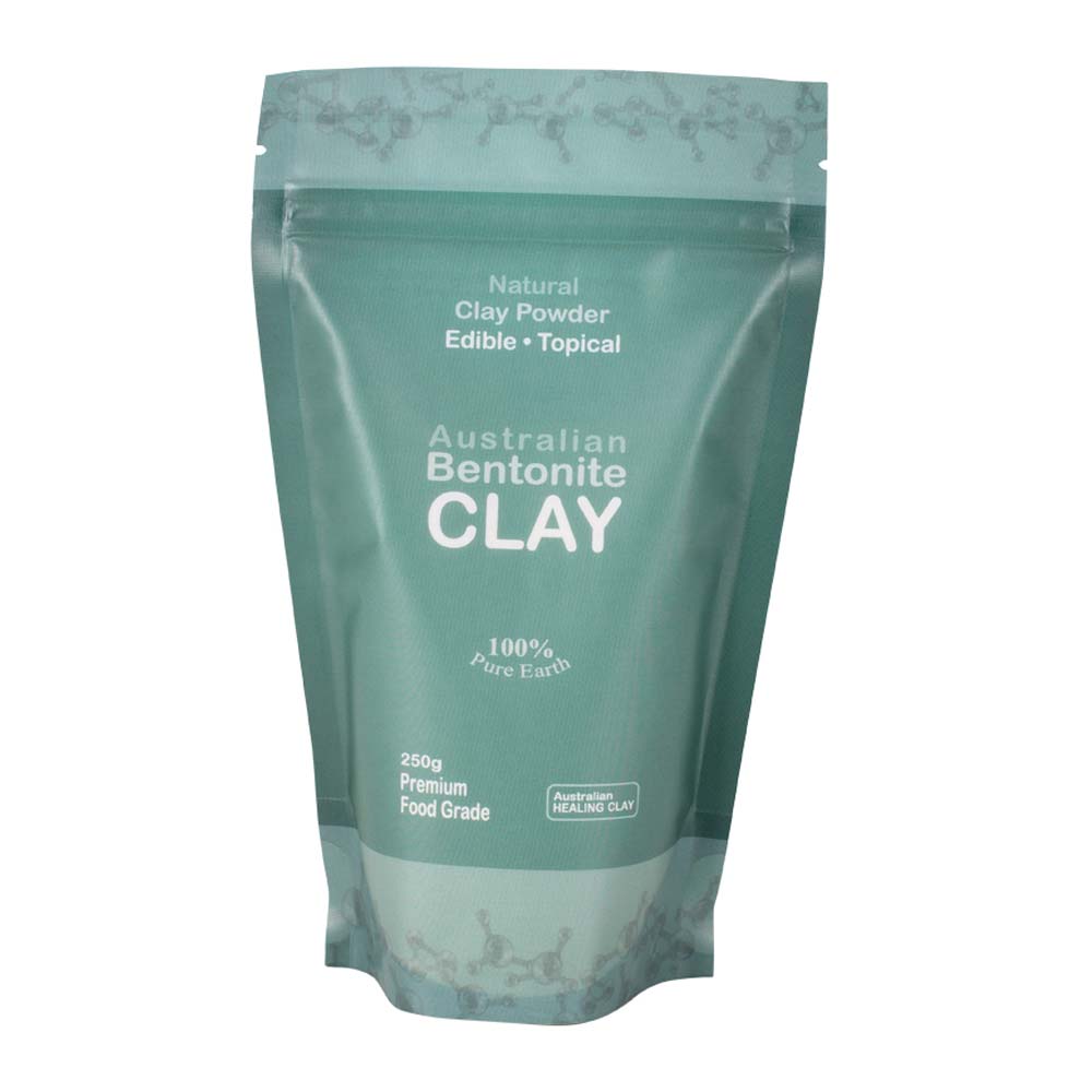 Green package of Australian Bentonite Clay on a white background