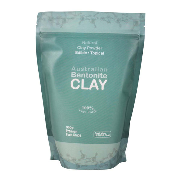 Green package of Australian Bentonite Clay on a white background