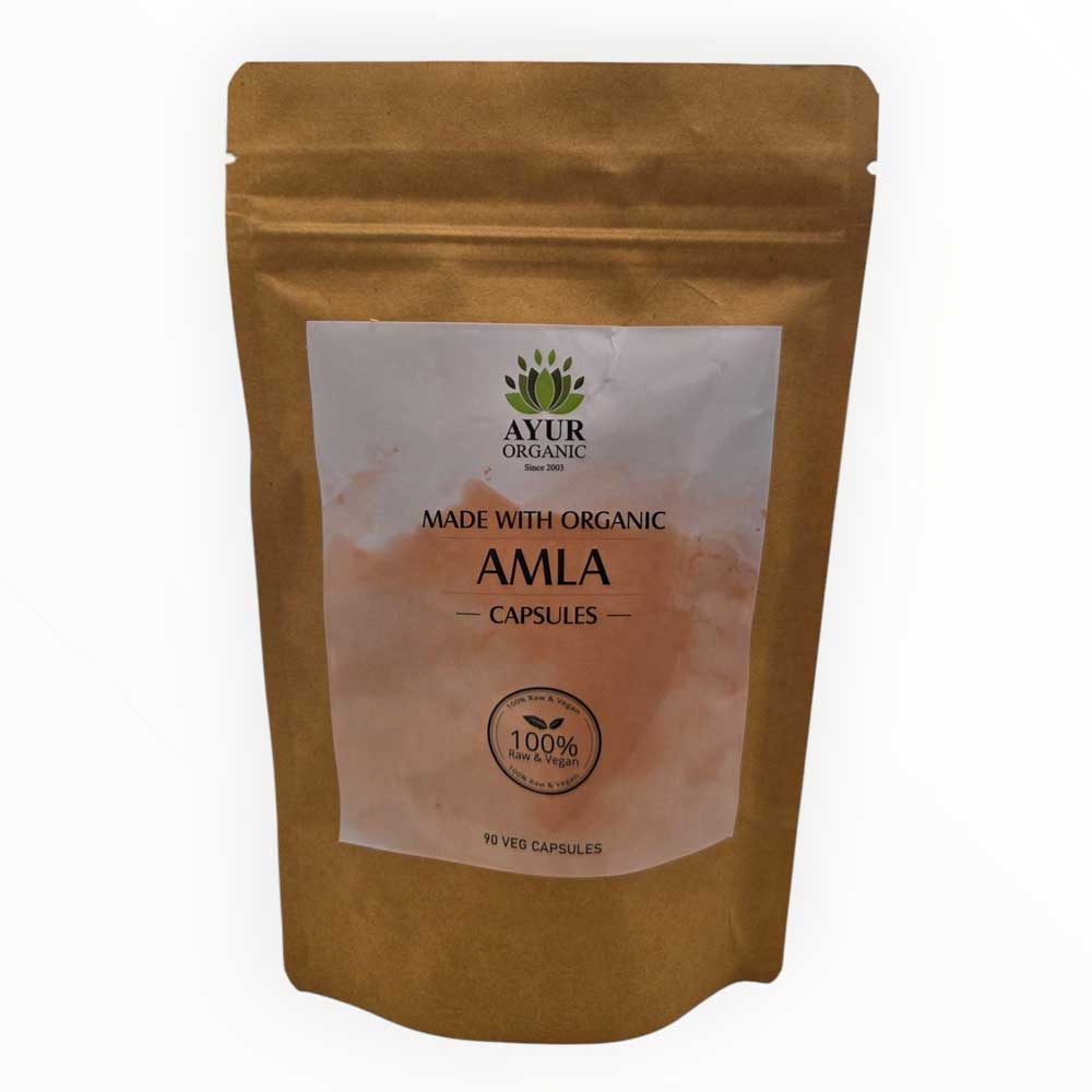 Brown package of Ayur Organic Amla capsules on a white background