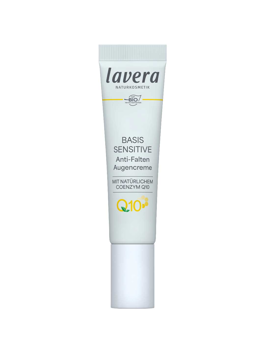 Slim pale grey Lavera Basis Sensitiv Q10 eye cream tube with a white cap at its base, grey lettering and a yellow Q10 mark.