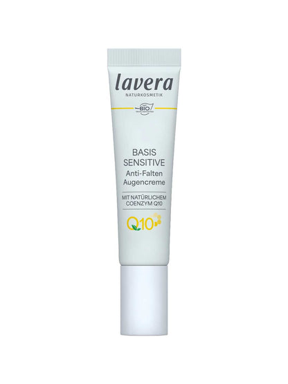 Slim pale grey Lavera Basis Sensitiv Q10 eye cream tube with a white cap at its base, grey lettering and a yellow Q10 mark.