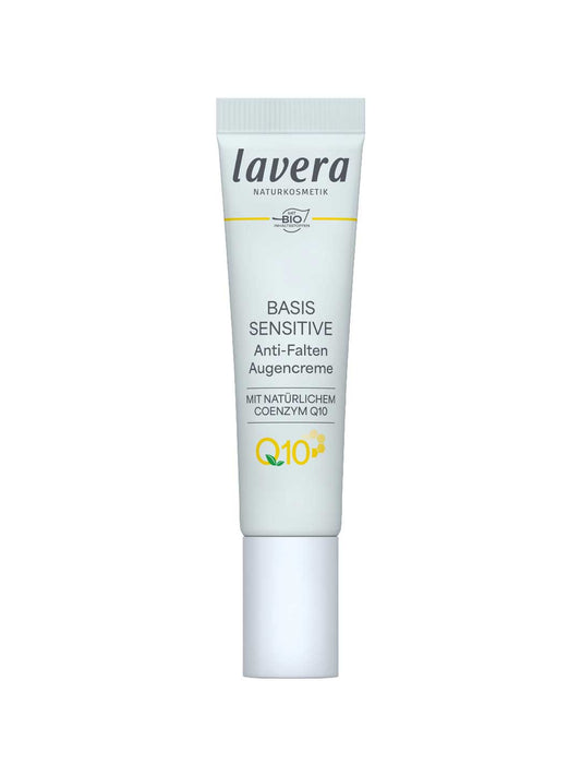 Slim pale grey Lavera Basis Sensitiv Q10 eye cream tube with a white cap at its base, grey lettering and a yellow Q10 mark.