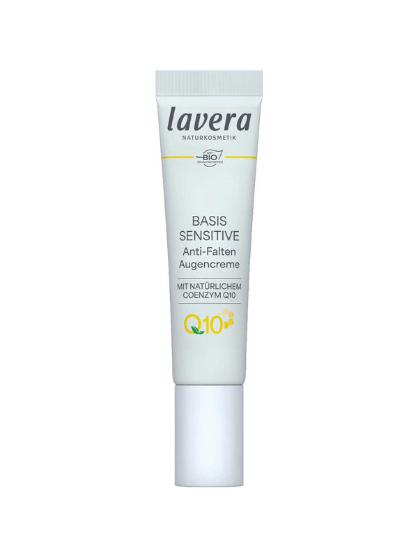 Slim pale grey Lavera Basis Sensitiv Q10 eye cream tube with a white cap at its base, grey lettering and a yellow Q10 mark.