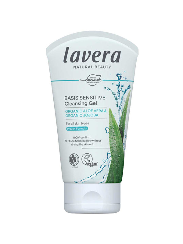 A white 125ml squeeze tube of Lavera Basis Sensitiv Cleansing Gel with green aloe vera graphics, on a plain white background.