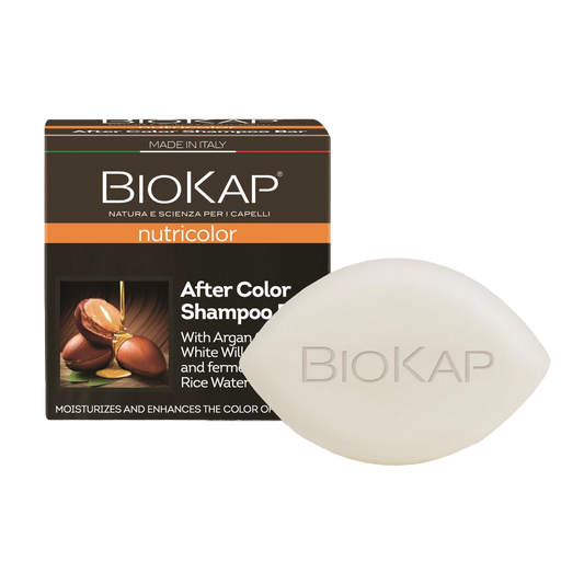 Biokap after color shampoo bar and packaging on a white background
