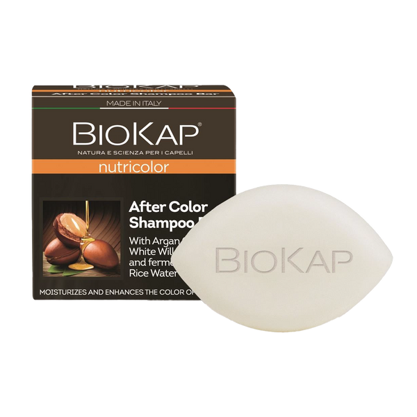 Biokap after color shampoo bar and packaging on a white background