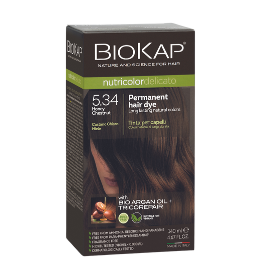 Biokap permanent hair dye box with honey chestnut color on a white background