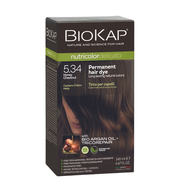 Biokap permanent hair dye box with honey chestnut color on a white background