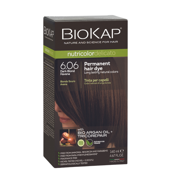 Biokap permanent hair dye box with dark blond hair on a white background