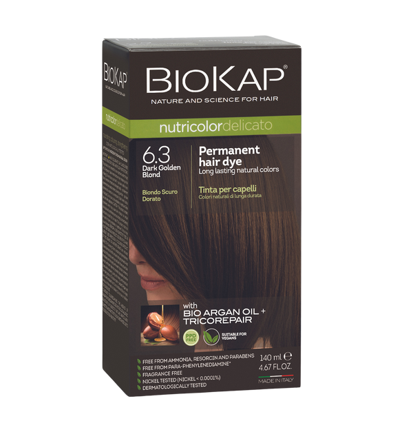 Biokap permanent hair dye box with dark golden blond color on a white background