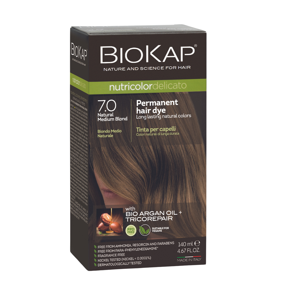 Biokap permanent hair dye box with natural medium blond color on a white background