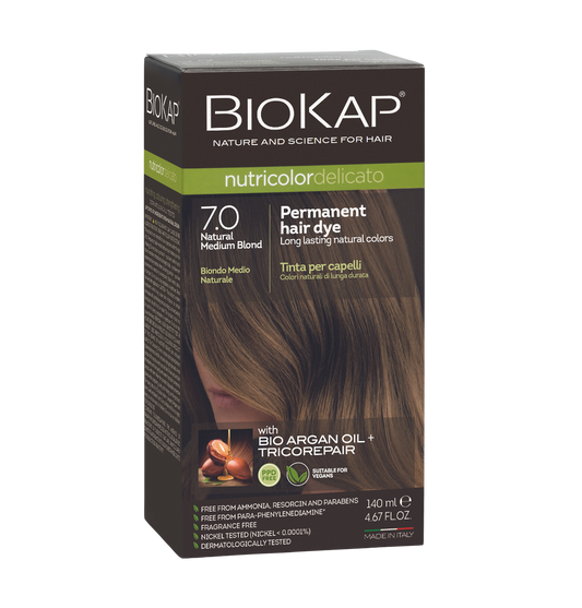 Biokap permanent hair dye box with natural medium blond color on a white background
