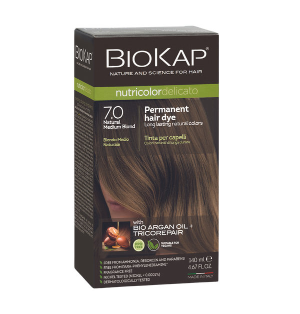 Biokap permanent hair dye box with natural medium blond color on a white background