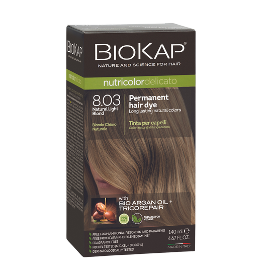 Biokap permanent hair dye box with natural light blond hair on a white background