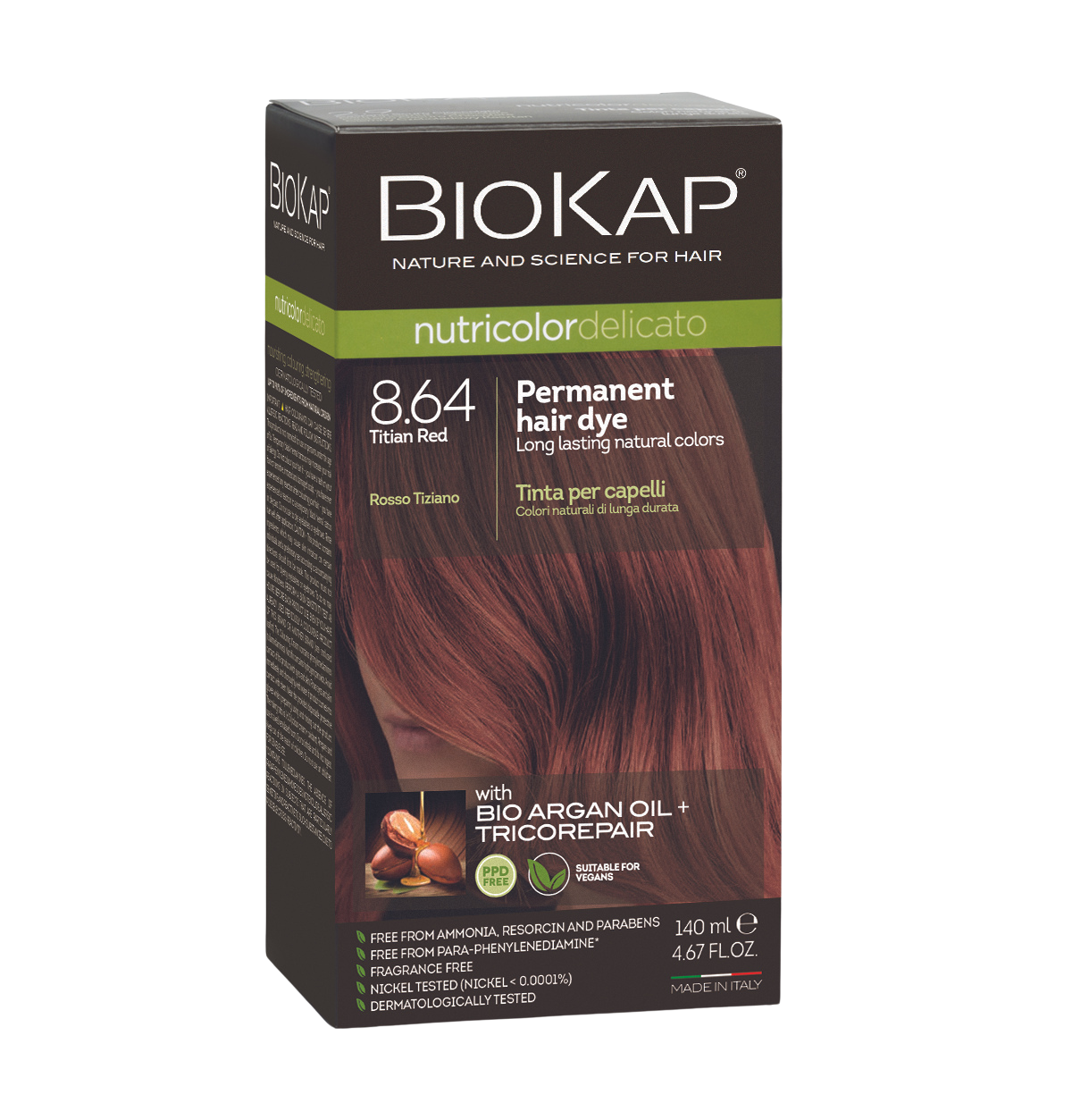 Biokap permanent hair dye box with red hair color on a white background