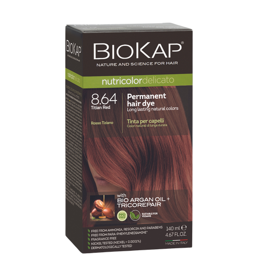 Biokap permanent hair dye box with red hair color on a white background