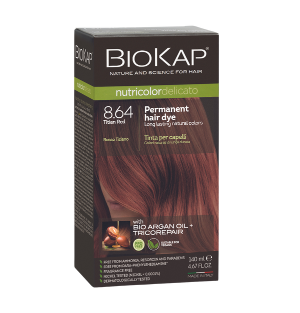 Biokap permanent hair dye box with red hair color on a white background