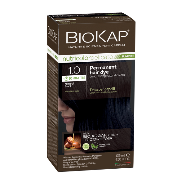 BIOKAP permanent hair dye packaging with natural black hair on a dark background
