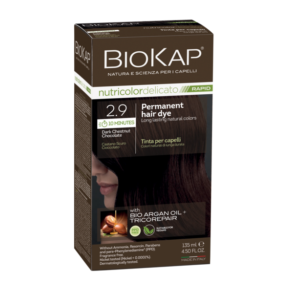 BIOKAP permanent hair dye box with dark chestnut chocolate hair on a white background