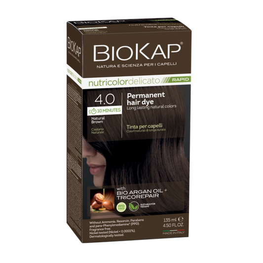 BIOKAP permanent hair dye box with natural brown hair on a white background