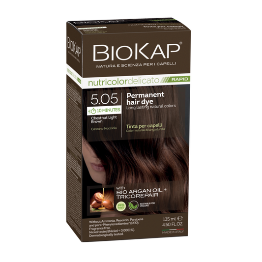 BIOKAP permanent hair dye box with chestnut light brown color on a white background