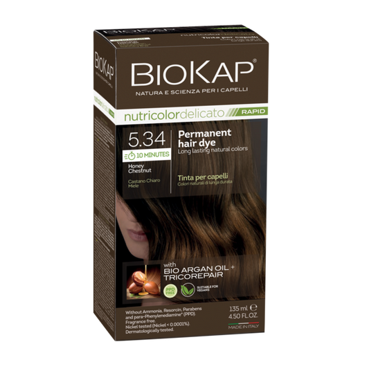 BIOKAP permanent hair dye box with honey chestnut colour on a white background