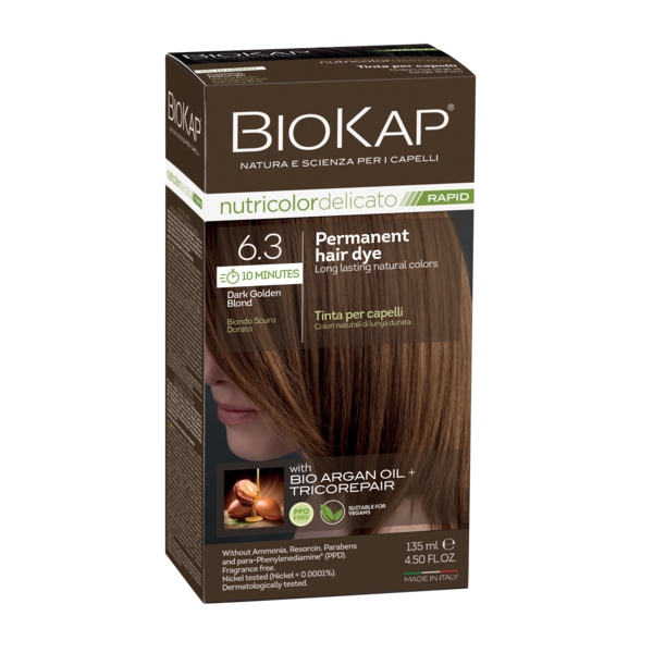 BIOKAP permanent hair dye box with a dark golden blond colour on a white background