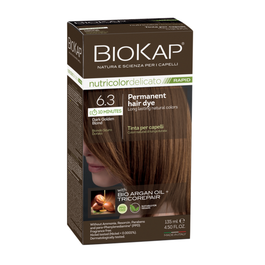 BIOKAP permanent hair dye box with a dark golden blond colour on a white background