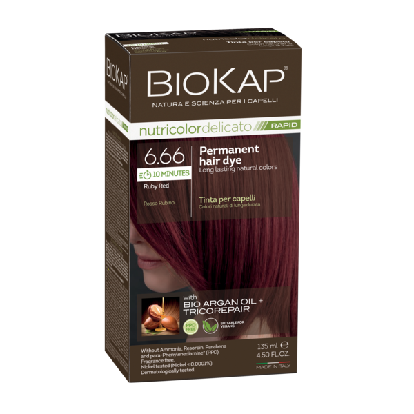 BIOKAP permanent hair dye box with a red hair color swatch on a white background