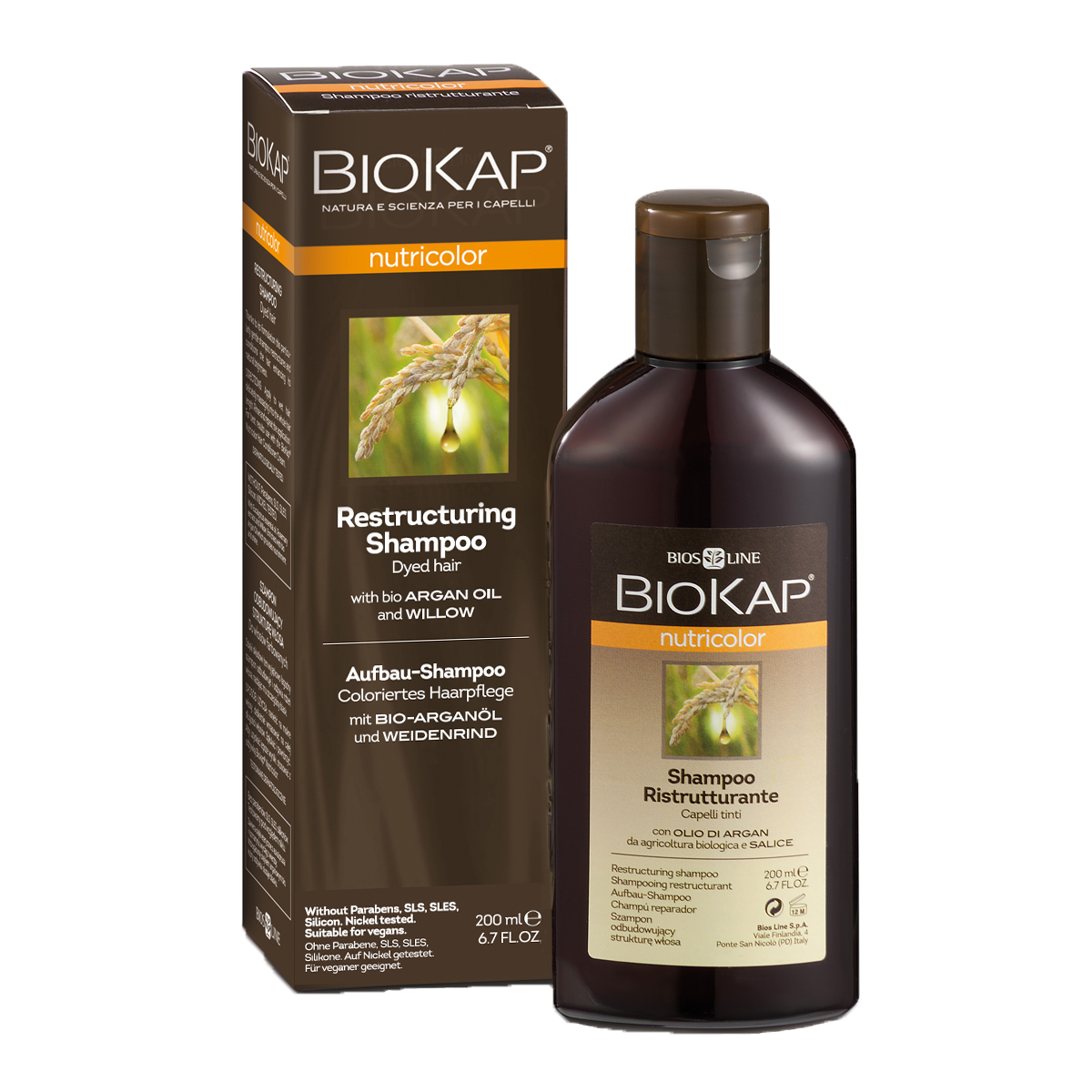 Biokap restructuring shampoo bottle and packaging on a white background