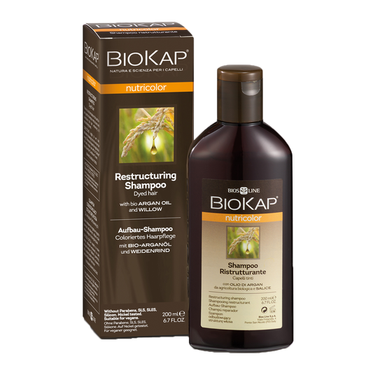 Biokap restructuring shampoo bottle and packaging on a white background