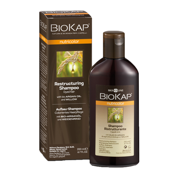 Biokap restructuring shampoo bottle and packaging on a white background