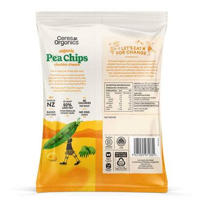 Ceres Organics pea chips cheddar cheese packaging with nutritional information and branding on a white background