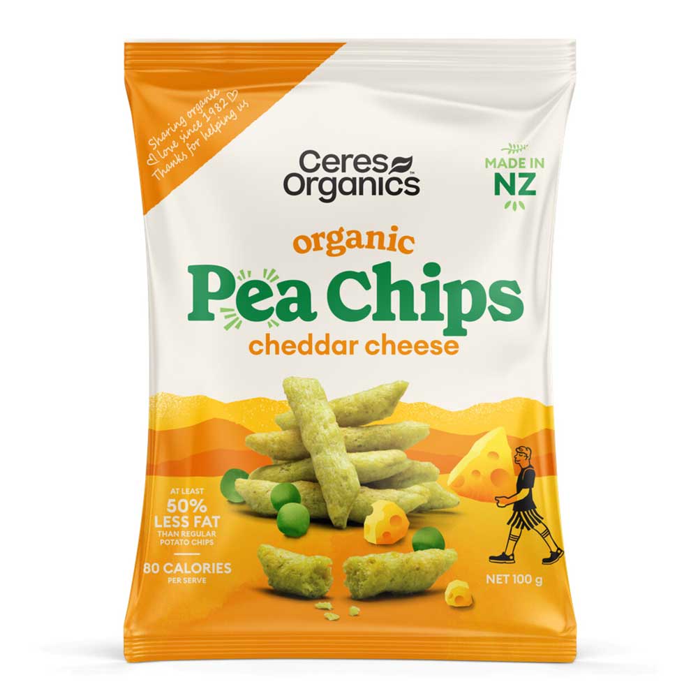 Ceres Organics pea chips packaging with cheddar cheese flavor on a white background