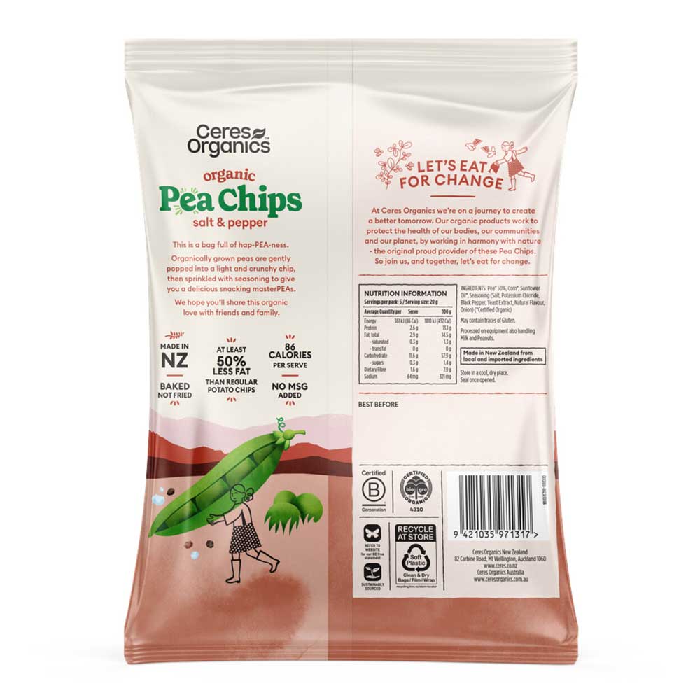 Ceres Organics pea chips salt & pepper packaging with nutritional information and branding details.
