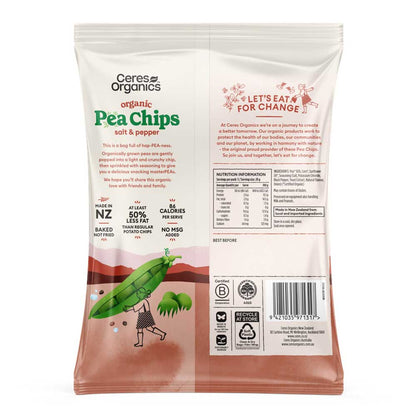 Ceres Organics pea chips salt & pepper packaging with nutritional information and branding details.
