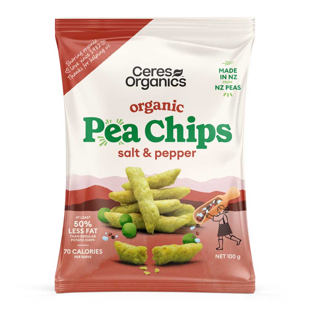 Ceres Organics organic pea chips salt & pepper packaging on a white background