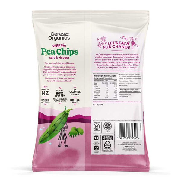 Ceres Organics pea chips salt & vinegar packaging with pink and white design